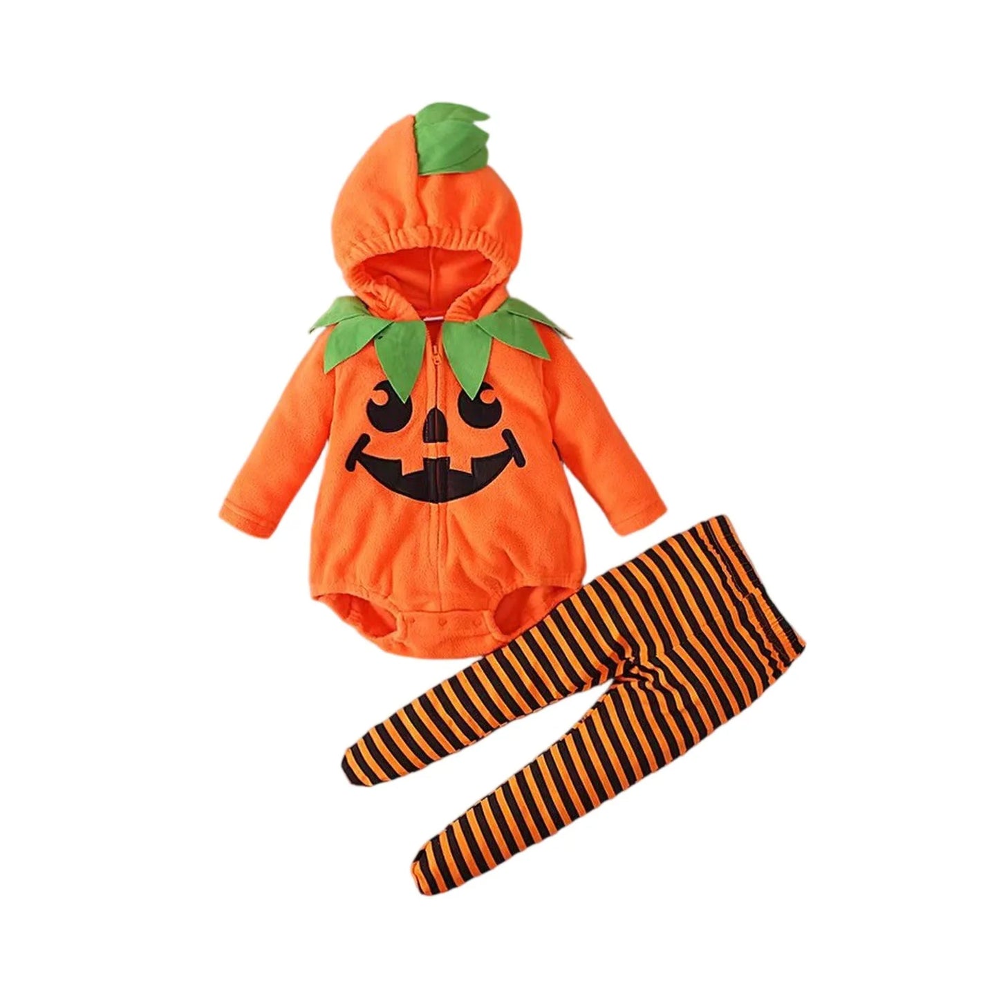 Grenouillère à Capuche Citrouille + Leggings Rayés