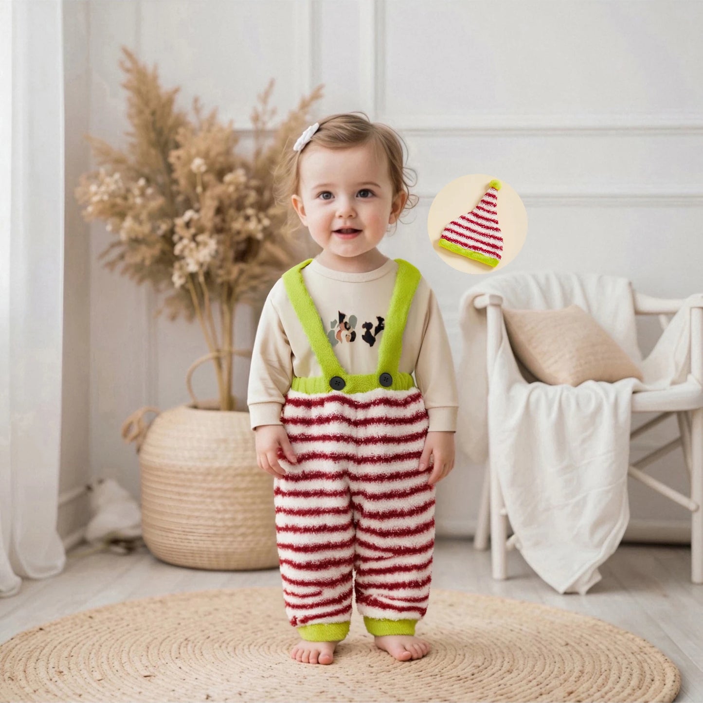 Ensemble Lutin Doux – Salopette Rayée & Bonnet de Noël Ultra Douillet