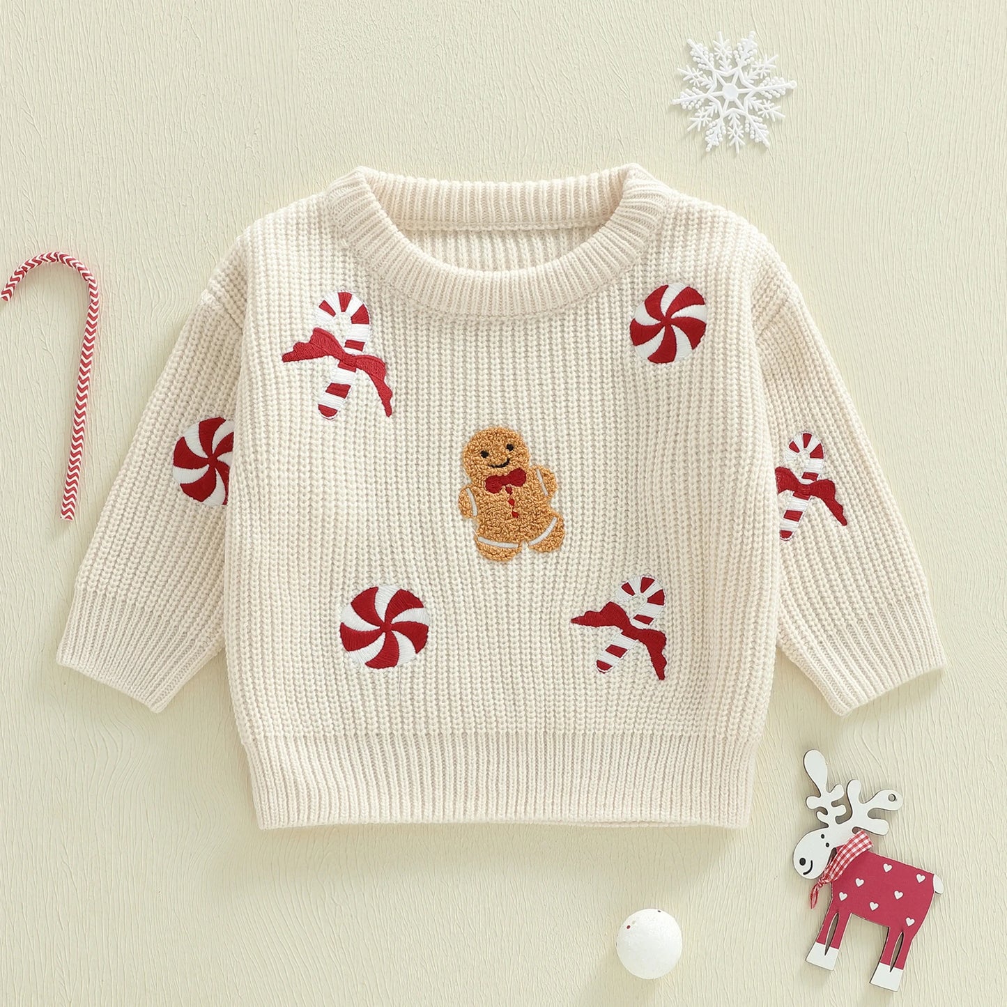 Pull de Noël Bébé en Tricot – Bonhomme Pain d'Épices & Sucreries Festives | Douceur