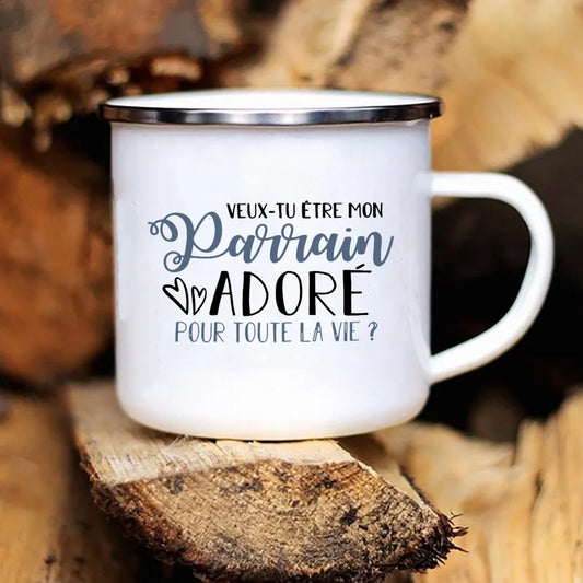 Mug émaillé annonce grossesse – « Veux-tu être mon parrain ? | MomentsMagiques