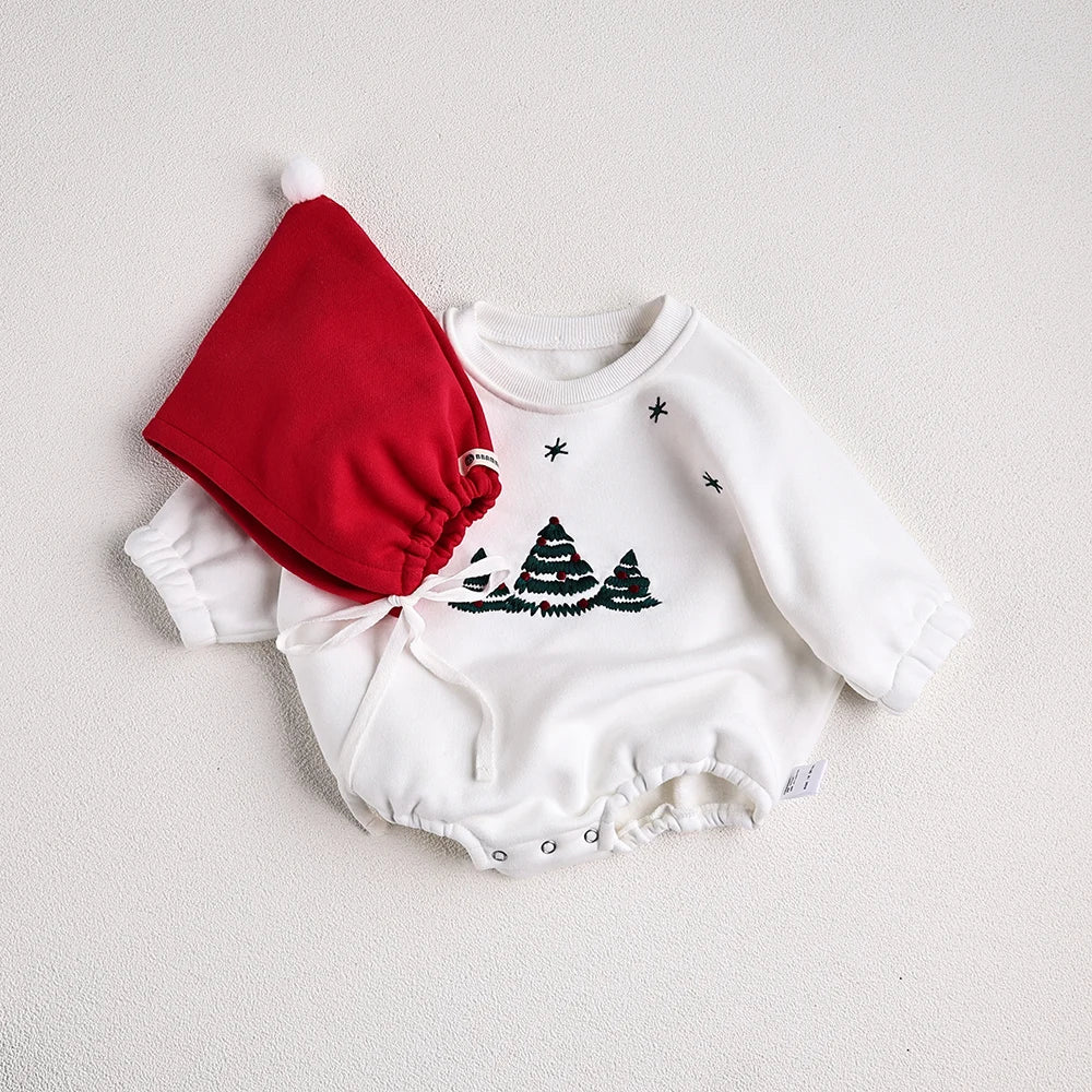 Body de Noël bébé avec bonnet rouge - doublure chaude et sapins brodés