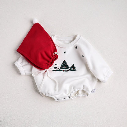 Body de Noël bébé avec bonnet rouge - doublure chaude et sapins brodés
