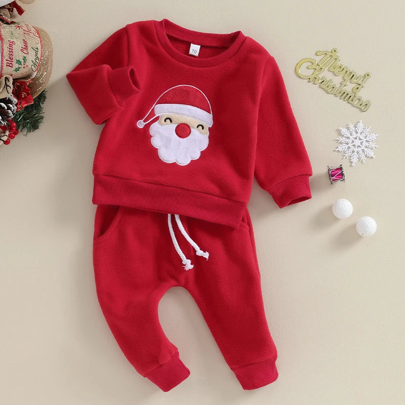 Ensemble Noël bébé rouge Père Noël brodé 2 pièces – Sweatshirt + pantalon chaud