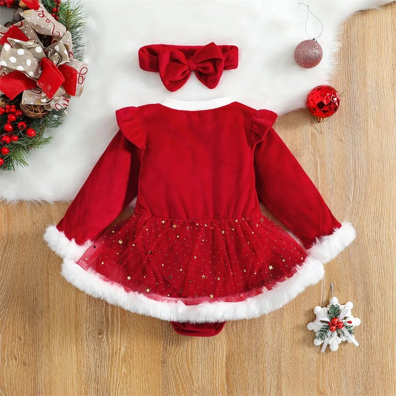 Robe de Noël Bébé Fille – Ensemble Velours Rouge &amp; Nœud Chic
