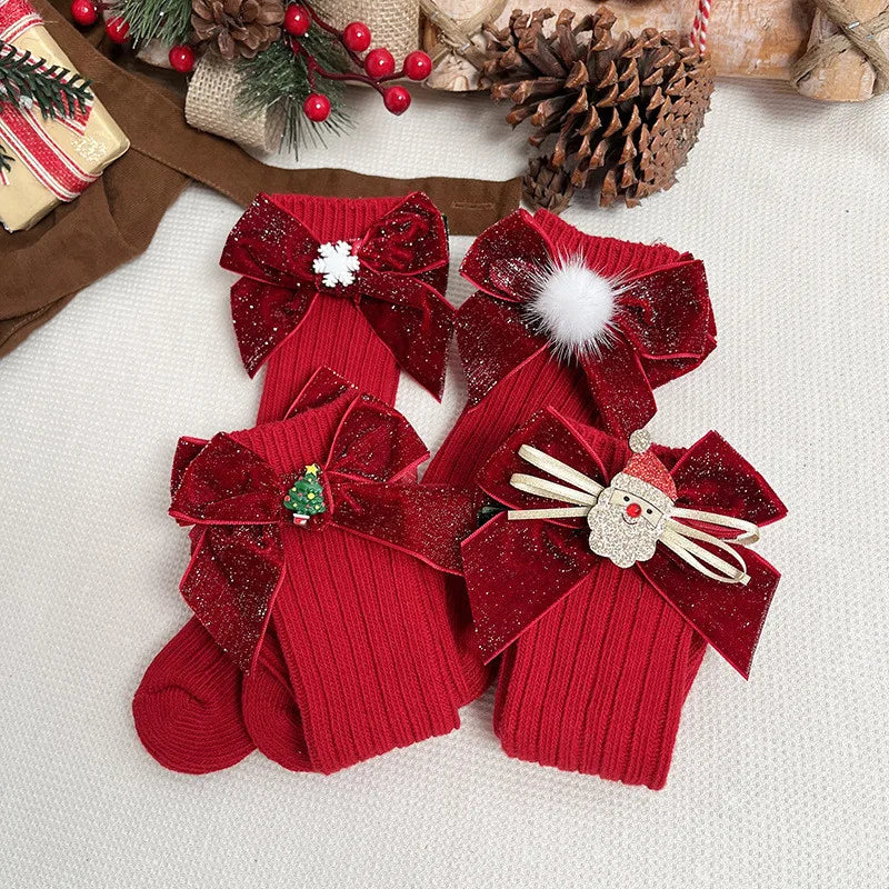 Chaussettes de Noël Rouge Velours | Bas Longs Enfant Festifs