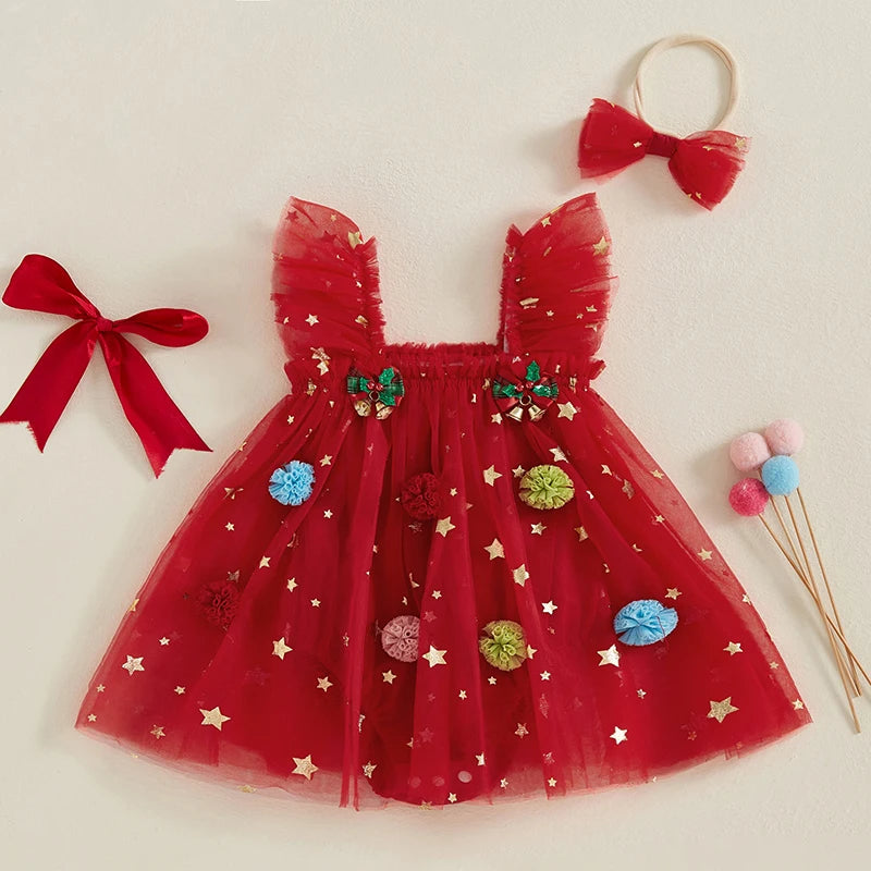 Robe de Noël Bébé Fille – Tutu Sapin à Étoiles & Pompons + Bandeau | Tenue Festive Nouveau-Né