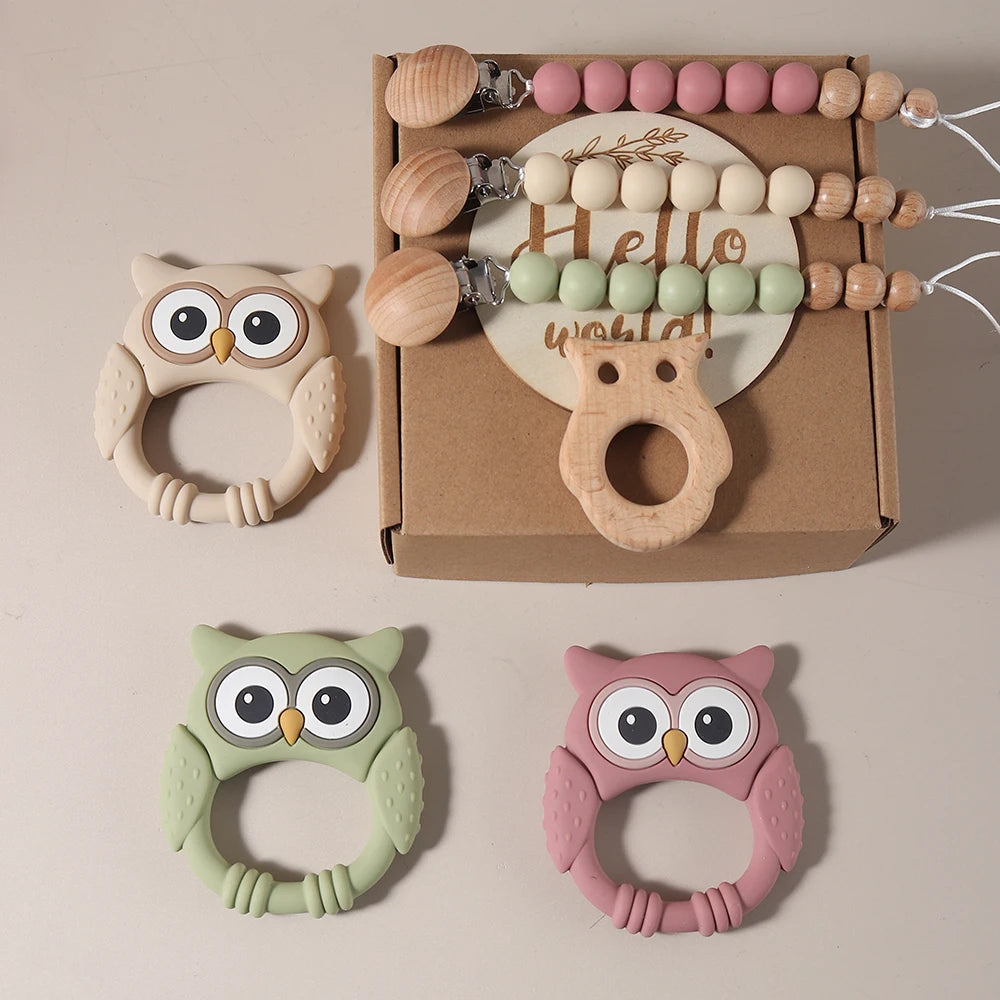 Coffret Hochet Bébé Hibou Silicone & Bois – Cadeau Naissance Sensoriel Naturel
