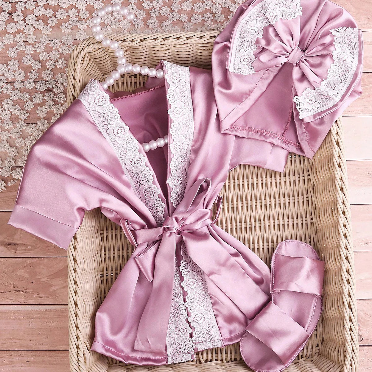 Ensemble Photo Nouveau-né Satin & Dentelle - 3 pièces (Rose) | Douceur