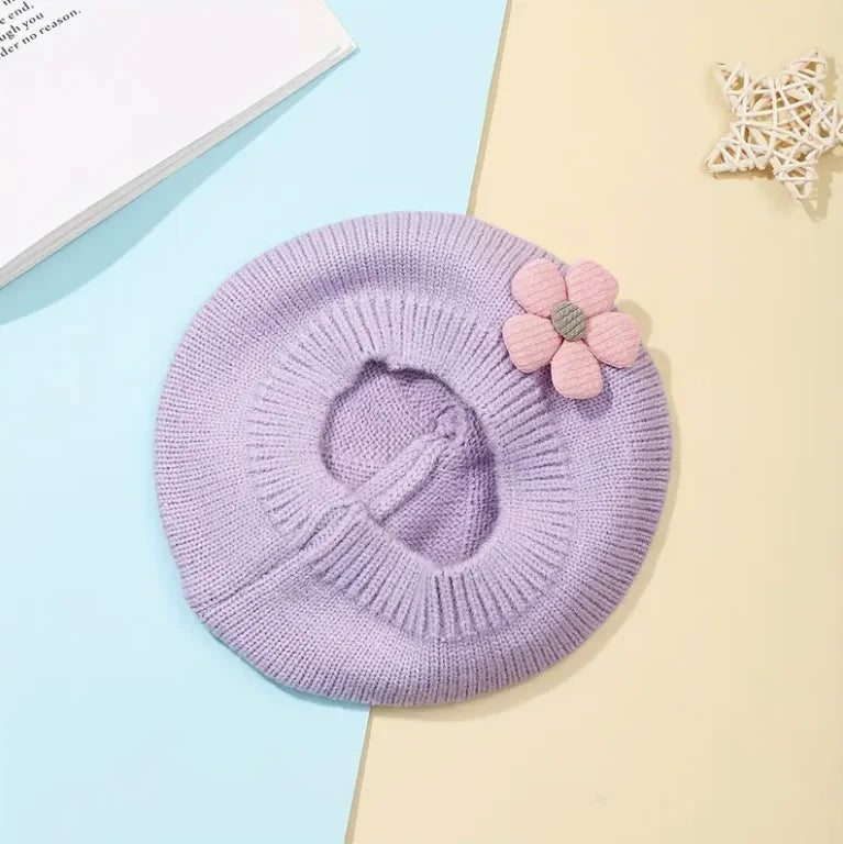 Bonnet Bébé Fille Fleur de Lavande – Chapeau Doux Tricoté