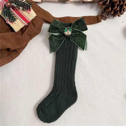 Chaussettes de Noël bébé fille garçon vert sapin avec grand nœud – Chaussettes hautes