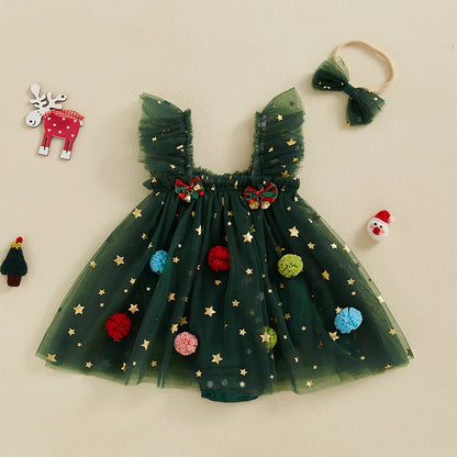 Robe de Noël Bébé Fille – Tutu Sapin à Étoiles & Pompons + Bandeau | Tenue Festive Nouveau-Né