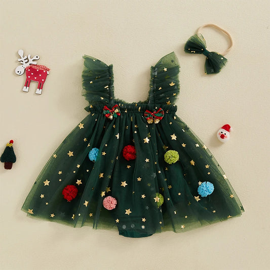 Robe de Noël Bébé Fille – Tutu Sapin à Étoiles & Pompons + Bandeau | Tenue Festive Nouveau-Né