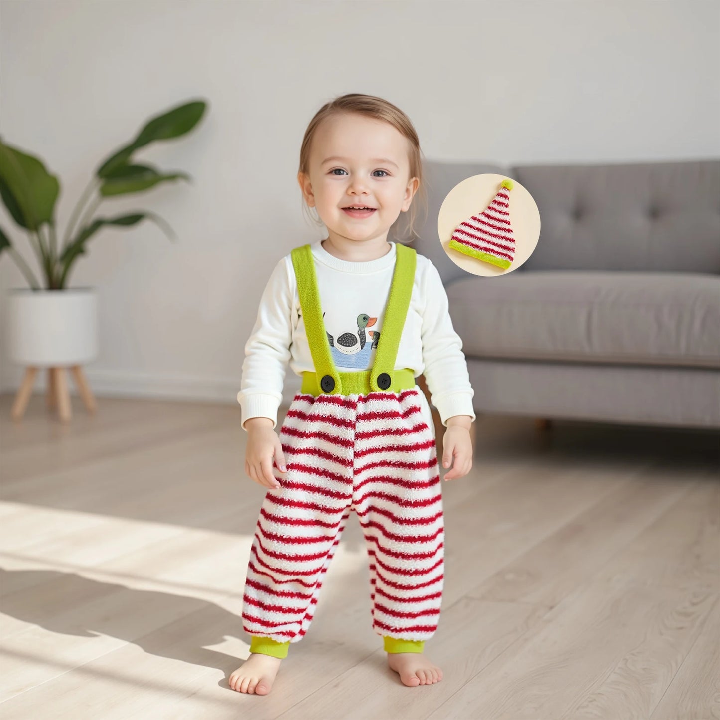 Ensemble Lutin Doux – Salopette Rayée & Bonnet de Noël Ultra Douillet