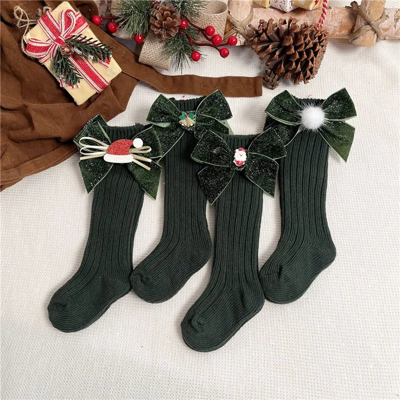 Chaussettes de Noël bébé fille garçon vert sapin avec grand nœud – Chaussettes hautes