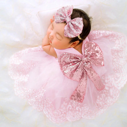Robe Dentelle Nœud + Bandeau Pailleté – Tenue Princesse Photo Bébé™