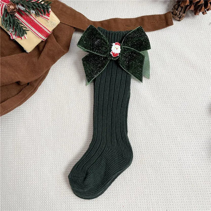 Chaussettes de Noël bébé fille garçon vert sapin avec grand nœud – Chaussettes hautes