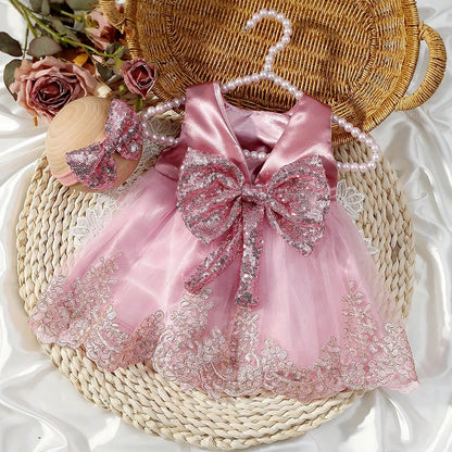 Robe Dentelle Nœud + Bandeau Pailleté – Tenue Princesse Photo Bébé™