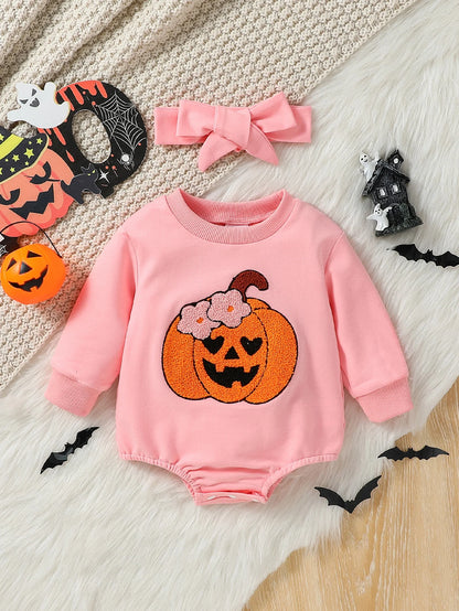Barboteuse Citrouille Rose d'Automne + Bandeau