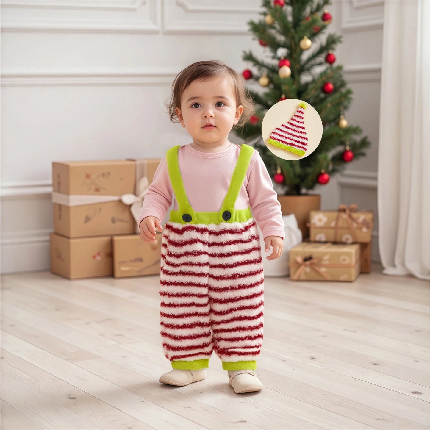 Ensemble Lutin Doux – Salopette Rayée & Bonnet de Noël Ultra Douillet