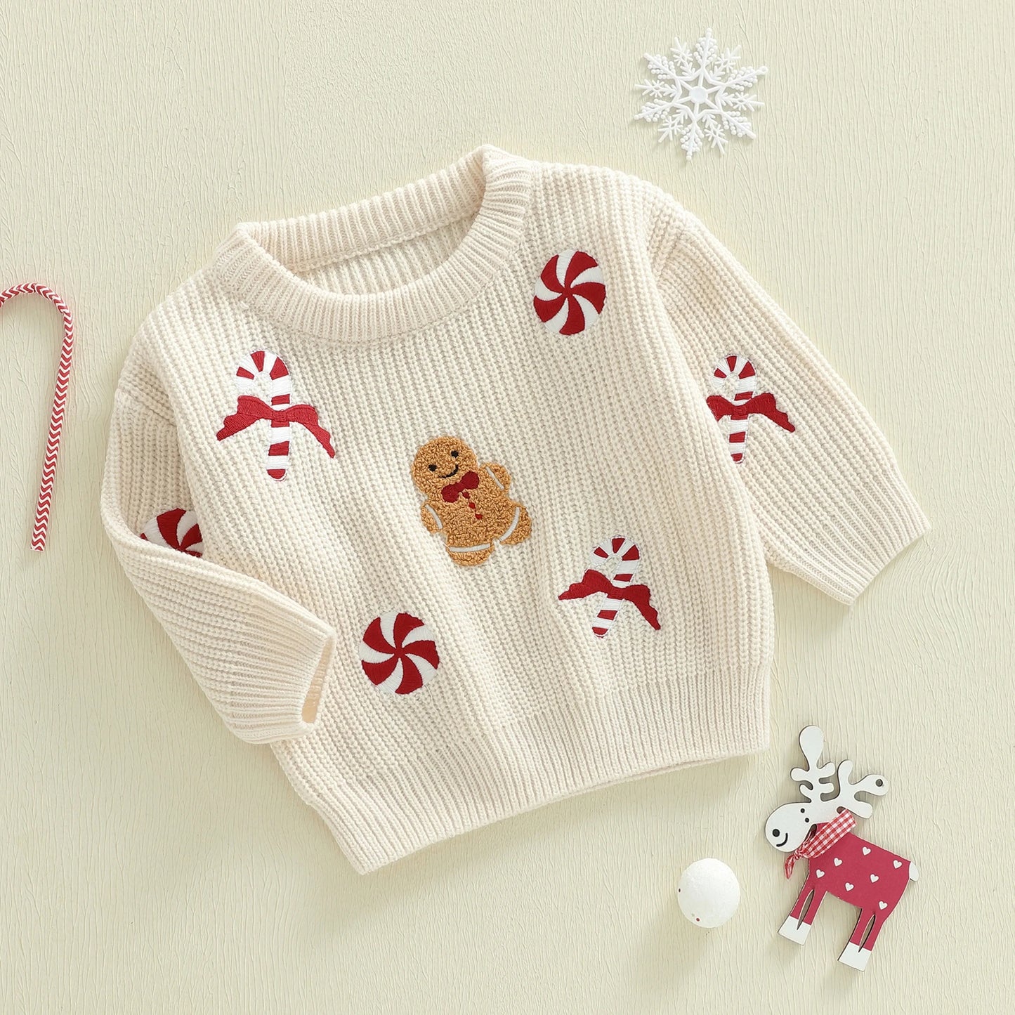 Pull de Noël Bébé en Tricot – Bonhomme Pain d'Épices & Sucreries Festives | Douceur