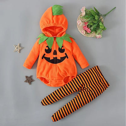 Grenouillère à Capuche Citrouille + Leggings Rayés