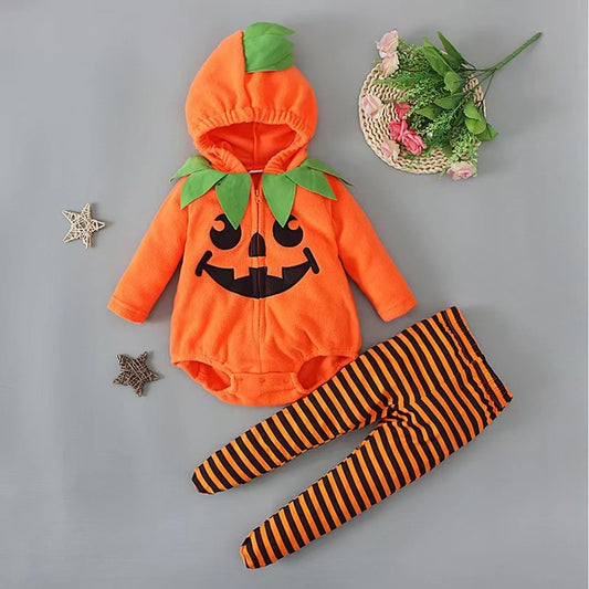 Grenouillère à Capuche Citrouille + Leggings Rayés