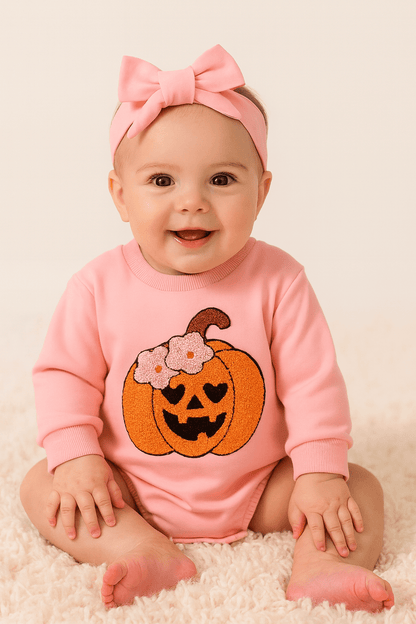 Barboteuse Citrouille Rose d'Automne + Bandeau - Bébé pour toujours