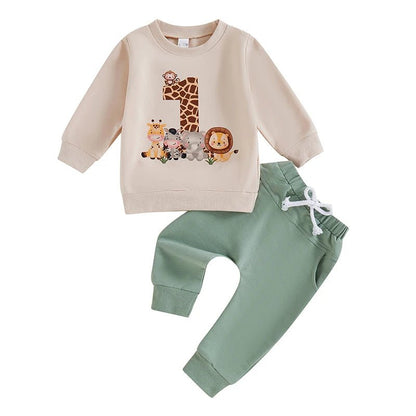 Tenue Anniversaire Garçon Imprimé Animalier Sweat Pantalon Photo - Bébé pour toujours